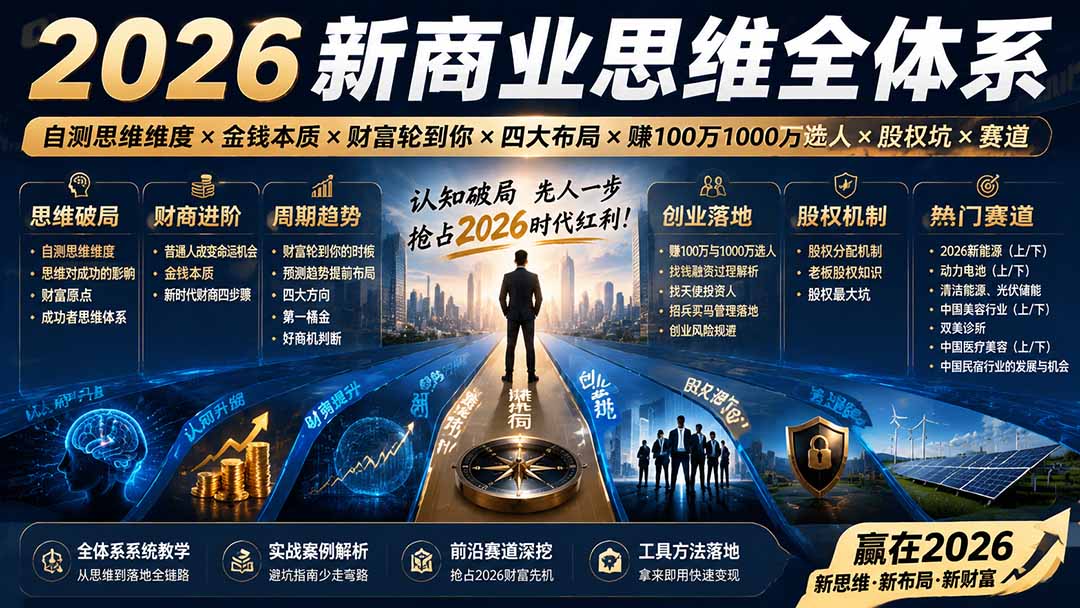 2026新商业思维全体系：自测思维维度×金钱本质×财富轮到你×四大布局×赚100万1000万选人×股权坑×赛道-韬哥副业项目资源网