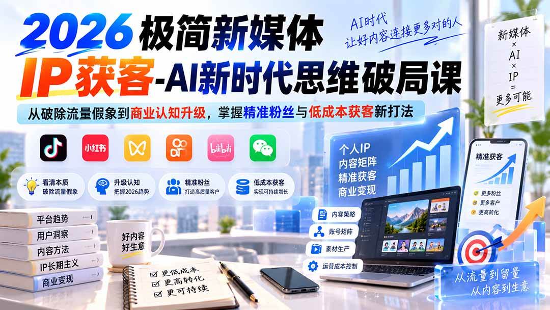 （20272期）2026极简新媒体IP获客-AI新时代思维破局课：从破除流量假象到商业认知升级，掌握精准粉丝与低成本获客新打法-韬哥副业项目资源网