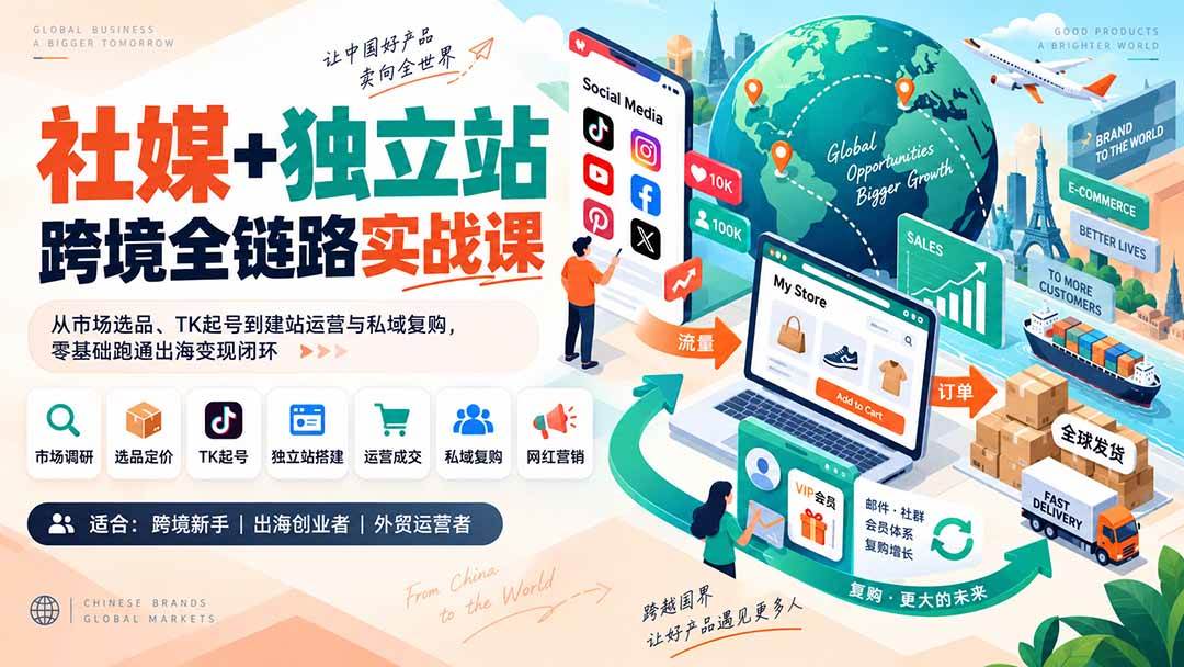 （20361期）社媒+独立站跨境全链路实战课：从市场选品、TK起号到建站运营与私域复购，零基础跑通出海变现闭环-韬哥副业项目资源网