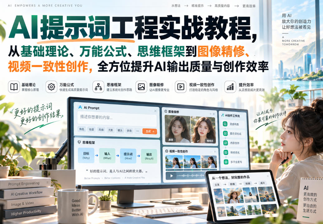 AI提示词工程实战教程，从基础理论、万能公式、思维框架到图像精修、视频一致性创作，全方位提升AI输出质量与创作效率-韬哥副业项目资源网