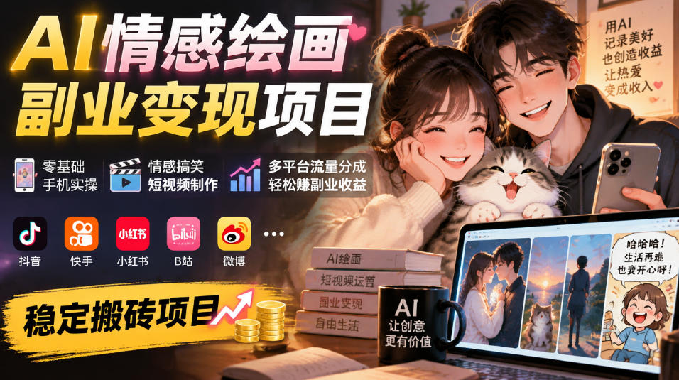 AI情感绘画副业变现项目｜零基础手机实操，情感搞笑短视频制作，多平台流量分成轻松賺副业收益-韬哥副业项目资源网