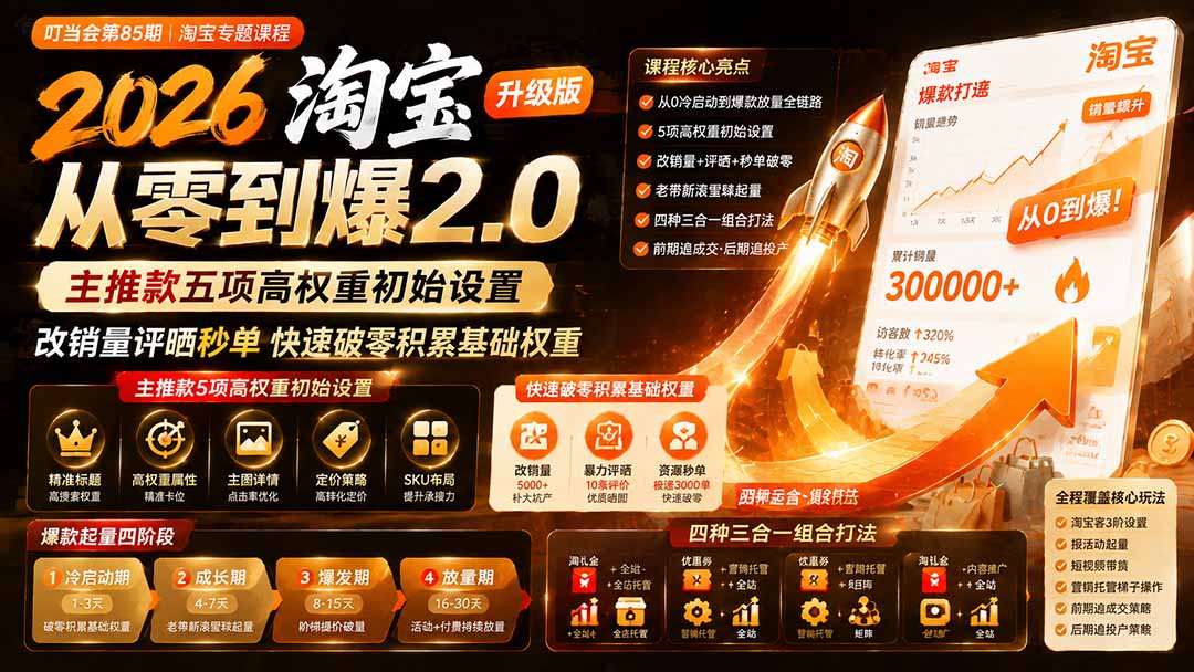 2026淘宝从零到爆2.0第85期；主推款五项高权重初始设置，改销量评晒秒单快速破零积累基础权重-韬哥副业项目资源网