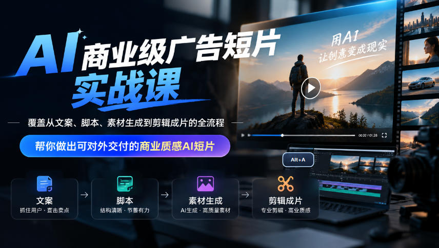 AI商业级广告短片实战课，覆盖从文案、脚本、素材生成到剪辑成片的全流程，帮你做出可对外交付的商业质感AI短片-韬哥副业项目资源网