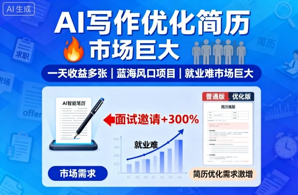 AI写作优化简历，一天收益多张，蓝海风口项目，就业难市场巨大-韬哥副业项目资源网