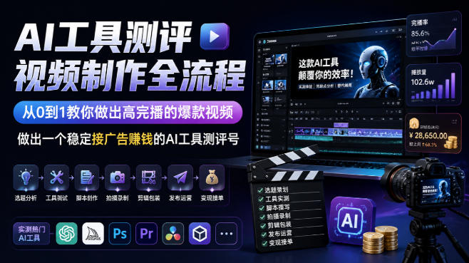 AI工具测评视频制作全流程，从0到1教你做出高完播的爆款视频，做出一个稳定接广告賺钱的AI工具测评号-韬哥副业项目资源网