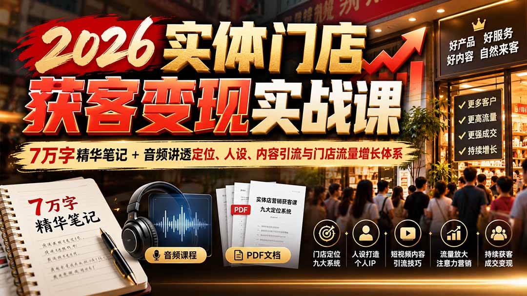 （20832期）2026实体门店获客变现实战课：7万字精华笔记+音频讲透定位、人设、内容引流与门店流量增长体系-韬哥副业项目资源网