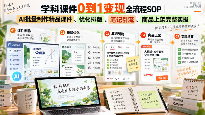 学科课件0到1变现全流程SOP｜AI批量制作精品课件、优化排版、笔记引流、商品上架完整实操-韬哥副业项目资源网