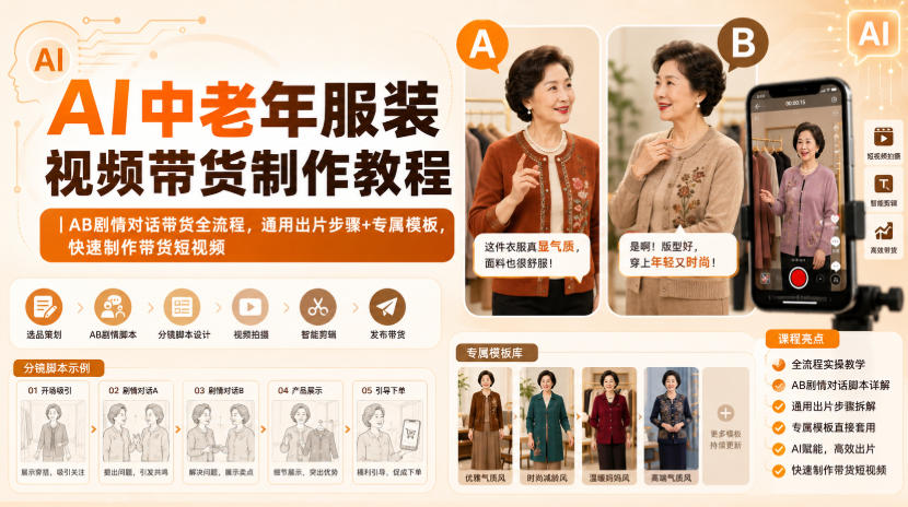 AI中老年服装视频带货制作教程｜AB剧情对话带货全流程，通用出片步骤+专属模板，快速制作带货短视频-韬哥副业项目资源网