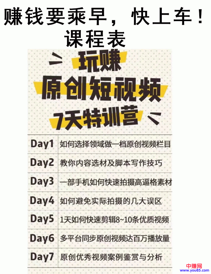 (897期)自媒体赚钱《玩赚原创短视频7天特训营》实现百万播放量(视频+资料+工具)