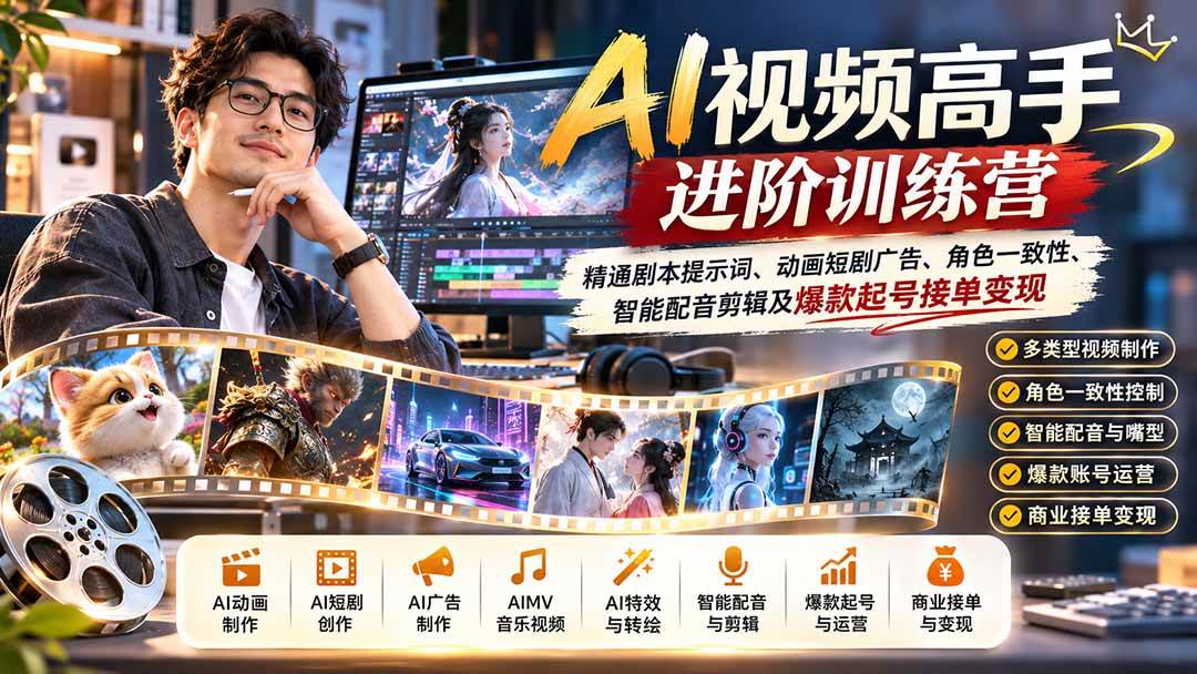 (21174期)AI视频高手进阶训练营:精通剧本提示词、动画短剧广告、角色一致性、智能配音剪辑及爆款起号接单变现-韬哥副业项目资源网