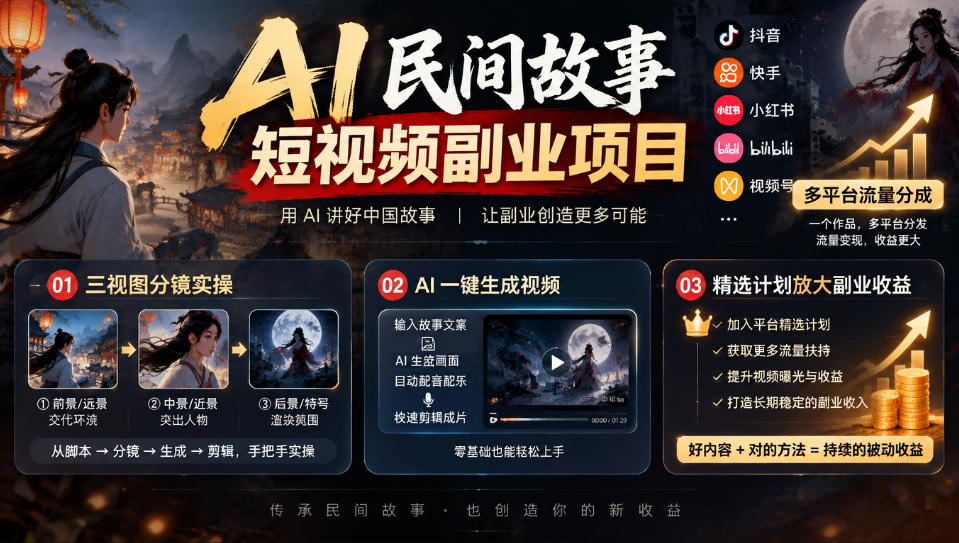 AI民间故事短视频副业项目,多平台流量分成,三视图分镜实操,精选计划放大副业收益-韬哥副业项目资源网