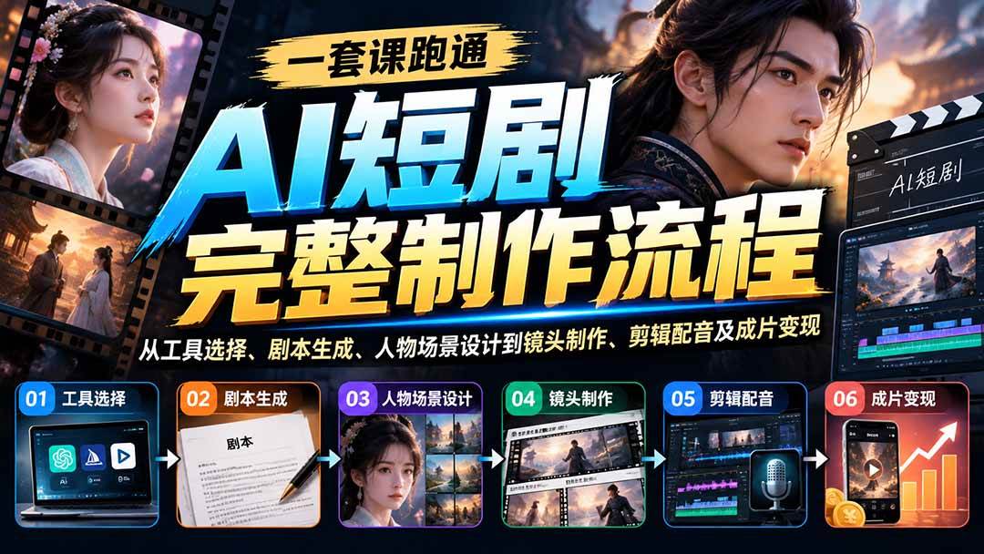 （20742期）一套课跑通AI短剧完整制作流程：从工具选择、剧本生成、人物场景设计到镜头制作、剪辑配音及成片变现-韬哥副业项目资源网