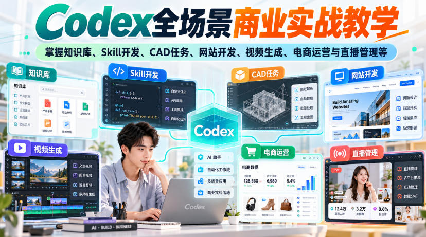 【无水印】Codex全场景商业实战教学,掌握知识库、Skill开发、CAD任务、网站开发、视频生成、电商运营与直播管理等-韬哥副业项目资源网
