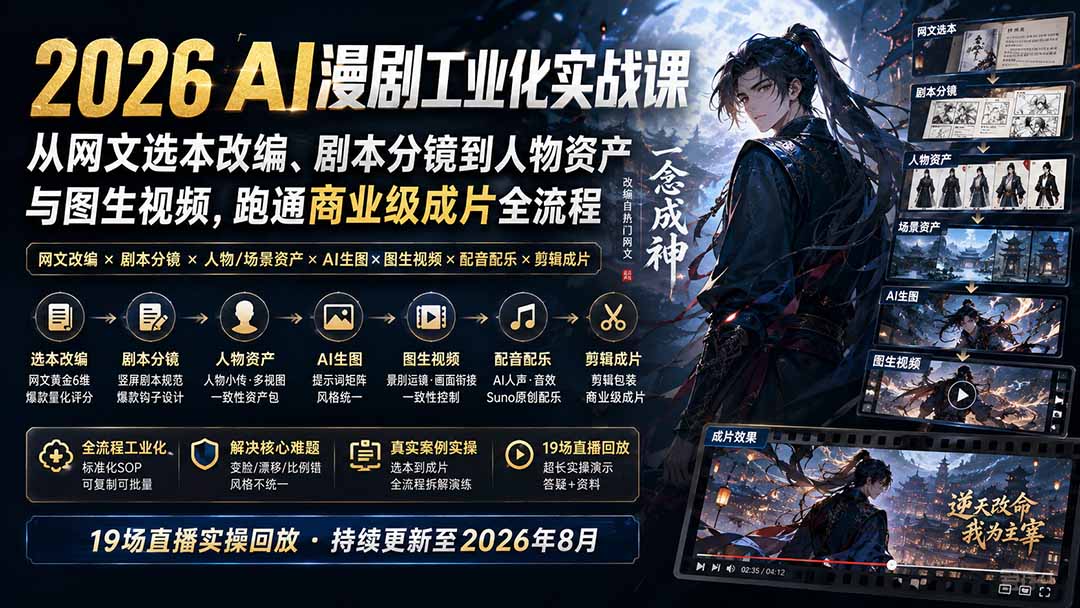 2026 AI漫剧工业化实战课-更新：从网文选本改编、剧本分镜到人物资产与图生视频，跑通商业级成片全流程-韬哥副业项目资源网