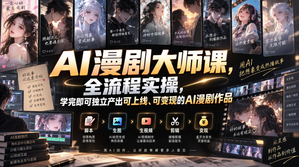 AI漫剧大师课，全流程实操，学完即可独立产出可上线、可变现的AI漫剧作品-韬哥副业项目资源网