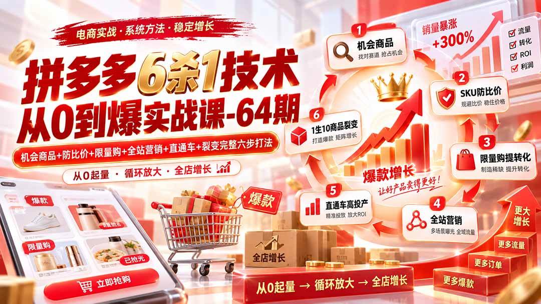 （20315期）拼多多6杀1技术从0到爆实战课-64期：机会商品+防比价+限量购+全站营销+直通车+裂变完整六步打法-韬哥副业项目资源网