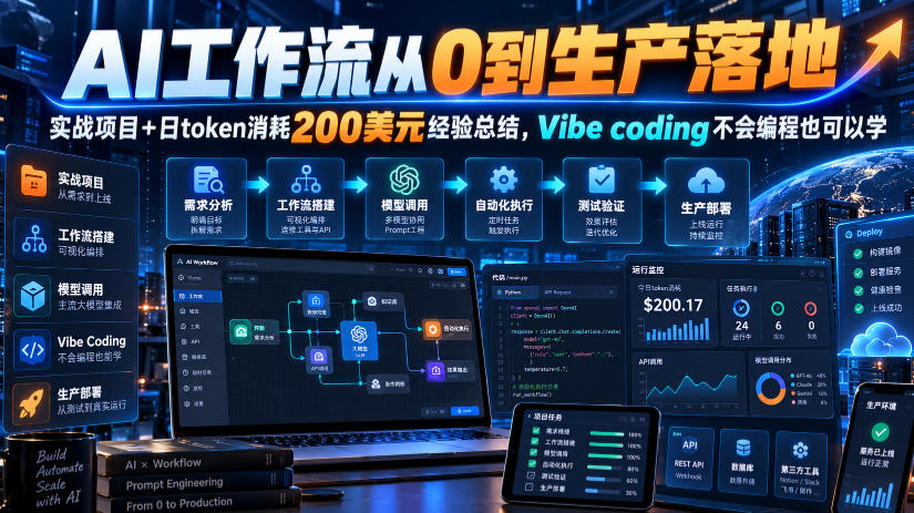 AI工作流从0到生产落地，实战项目+日token消耗200美刀经验总结，Vibe coding不会编程也可以学-韬哥副业项目资源网