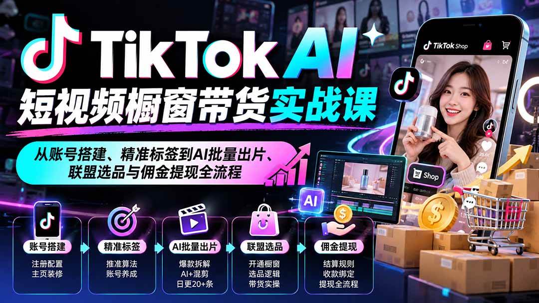 （20725期）TikTok AI短视频橱窗带货实战课：从账号搭建、精准标签到AI批量出片、联盟选品与佣金提现全流程-韬哥副业项目资源网