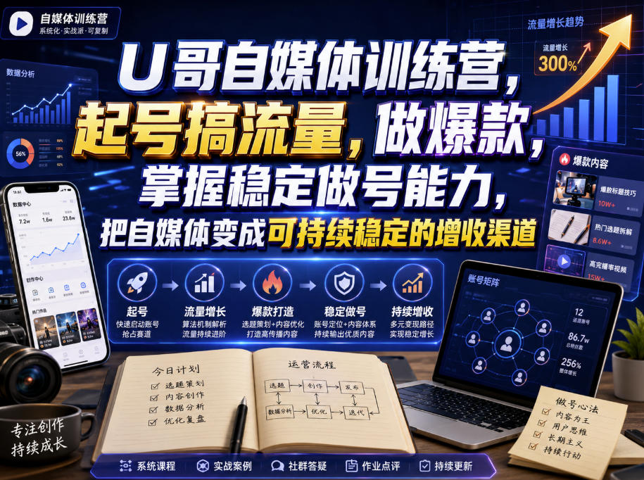 U哥自媒体训练营，起号搞流量，做爆款，掌握稳定做号能力，把自媒体变成可持续稳定的增收渠道-韬哥副业项目资源网