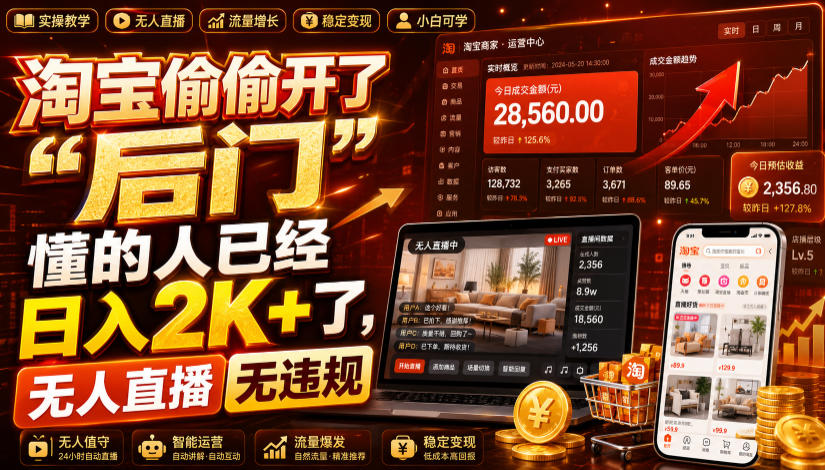 淘宝偷偷开了“后门”，懂的人已经日入2K+了，无人直播无违规，一台电脑=一家24小时营业的线上门店【揭秘】-韬哥副业项目资源网
