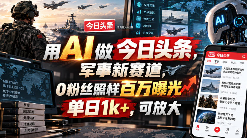 用AI做今日头条，军事新赛道，0粉丝照样百万曝光，单日1k+，可放大-韬哥副业项目资源网