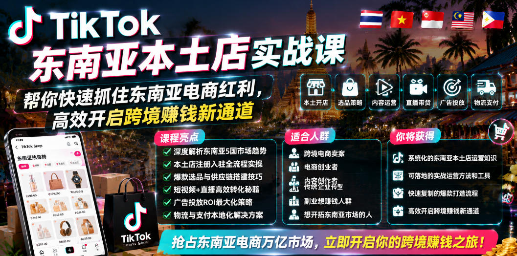 TikTok东南亚本土店实战课,帮你快速抓住东南亚电商红利,高效开启跨境賺钱新通道-韬哥副业项目资源网