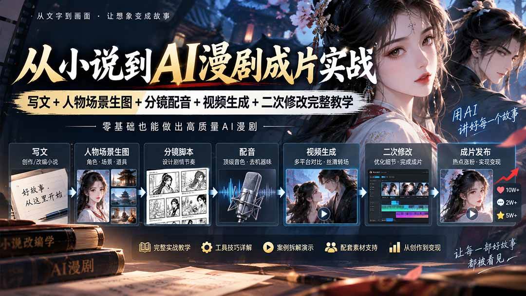 （20577期）从小说到AI漫剧成片实战：写文+人物场景生图+分镜配音+视频生成+二次修改完整教学-韬哥副业项目资源网