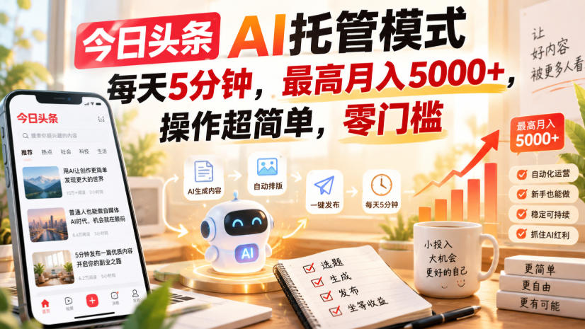 今日头条AI托管模式,每天5分钟,最高月入5000+,操作超简单,零门槛【揭秘】-韬哥副业项目资源网