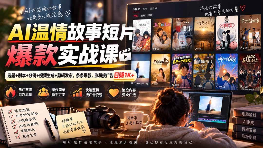 (20477期)AI温情故事短片爆款实战课-更新|选题+剧本+分镜+视频生成+剪辑发布,条条爆款,涨粉接广告日赚1K+-韬哥副业项目资源网