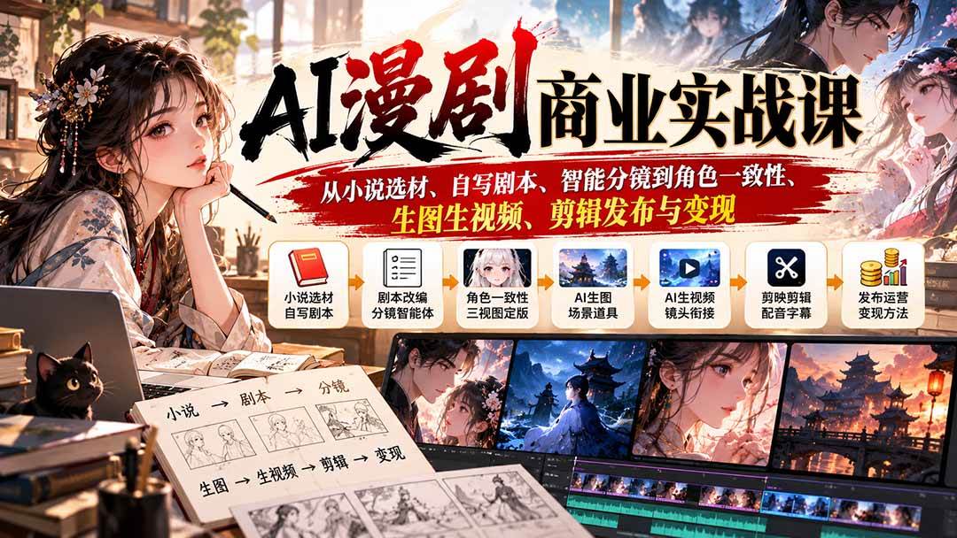 （20811期）AI漫剧商业实战课：从小说选材、自写剧本、智能分镜到角色一致性、生图生视频、剪辑发布与变现-韬哥副业项目资源网