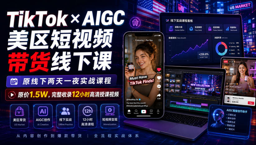 TikTok×AIGC美区短视频带货线下课，原线下两天一夜实战课程，原价1.5W，完整收录12小时高清授课视频-韬哥副业项目资源网