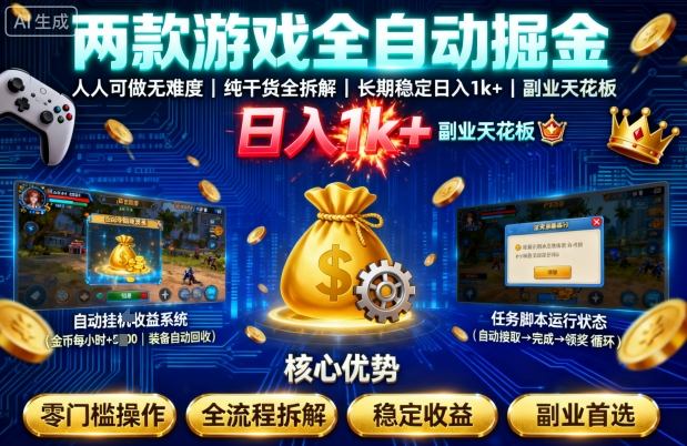 两款游戏全自动掘金，人人可做无难度，纯干货全拆解，长期稳定，日入1k+，副业天花板【揭秘】-韬哥副业项目资源网
