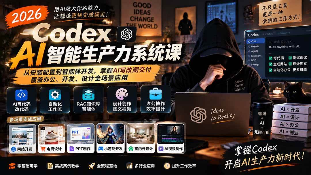 (20535期)2026 Codex AI智能生产力系统课-更新|从安装配置到智能体开发,掌握AI写改测交付,覆盖办公、开发、设计全场景应用-韬哥副业项目资源网