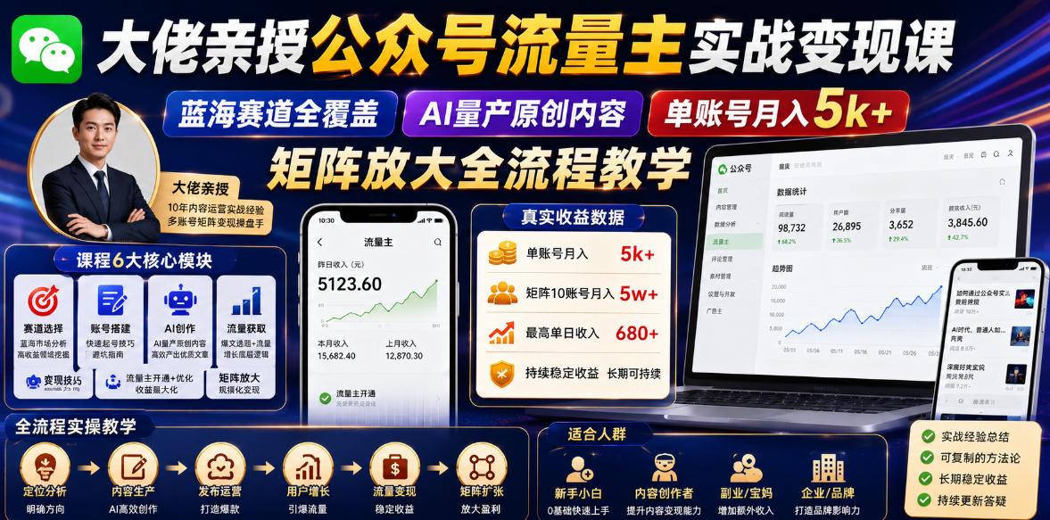 大佬亲授公众号流量主实战变现课，蓝海赛道全覆盖，AI量产原创内容，单账号月入5k+矩阵放大全流程教学-韬哥副业项目资源网