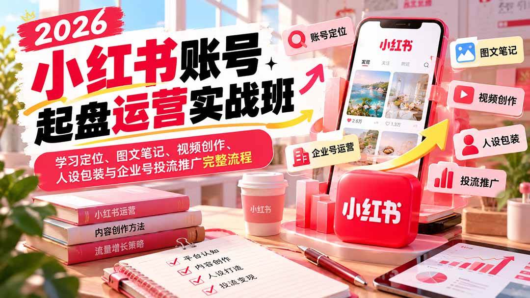 （20647期）2026小红书账号起盘运营实战班：学习定位、图文笔记、视频创作、人设包装与企业号投流推广完整流程
