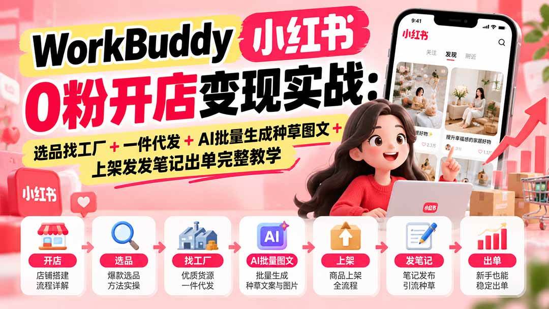 （20801期）WorkBuddy小红书0粉开店变现实战：选品找工厂+一件代发+AI批量生成种草图文+上架发发笔记出单完整教学-韬哥副业项目资源网