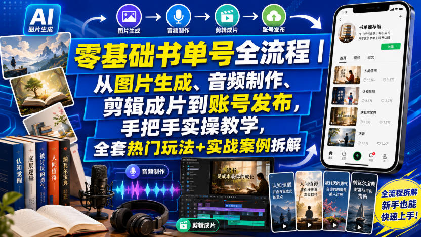 零基础书单号全流程｜从图片生成、音频制作、剪辑成片到账号发布，手把手实操教学，全套热门玩法+实战案例拆解-韬哥副业项目资源网