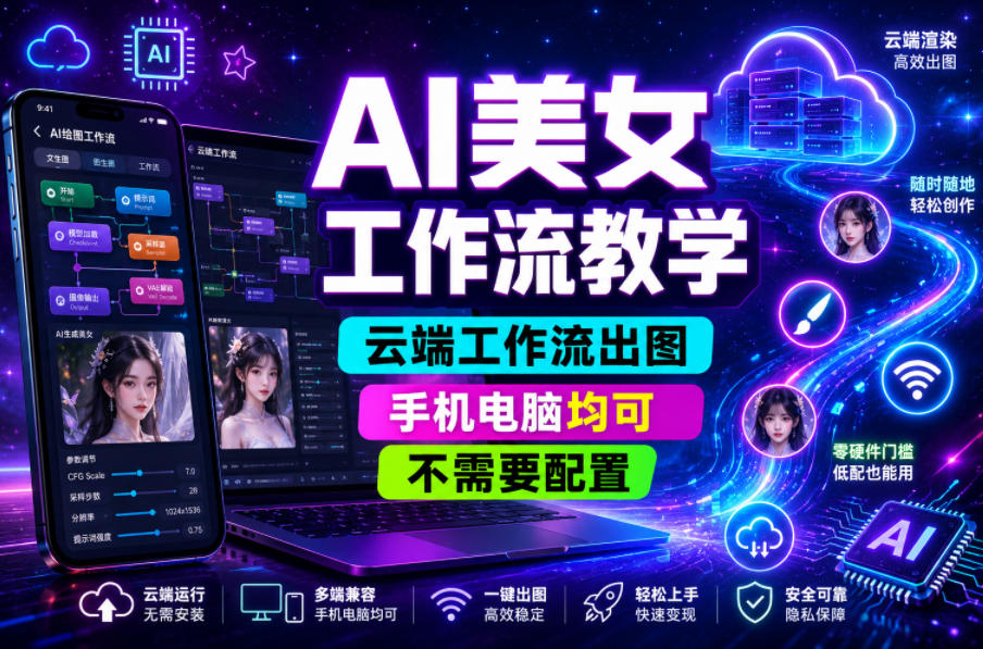 AI美女工作流教学，云端工作流出图，手机电脑均可，不需要配置，快速起号涨粉-韬哥副业项目资源网