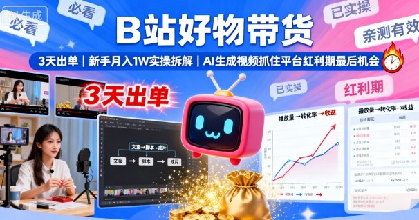 B站好物带货，3天出单，新手月入1W实操拆解，AI生成视频，抓住平台红利期最后机会-韬哥副业项目资源网