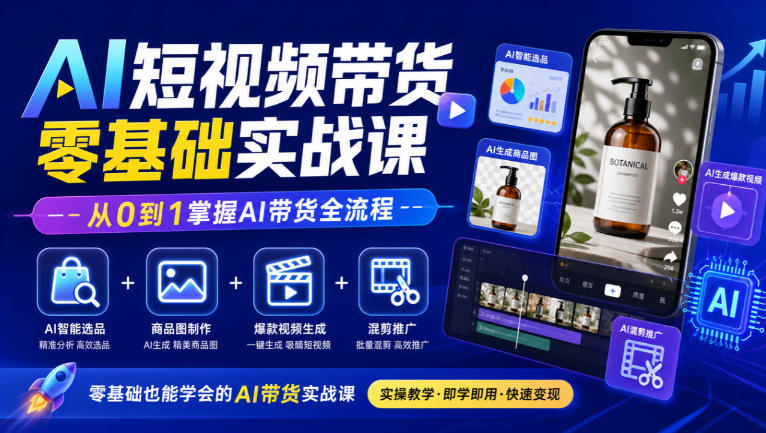 AI短视频带货零基础实战课|AI智能选品+商品图制作+爆款视频生成+混剪推广,从0到1掌握AI带货全流程-韬哥副业项目资源网