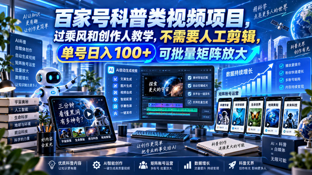 百家号科普类视频项目,过乘风和创作人教学,不需要人工剪辑,单号日入100+可批量矩阵放大-韬哥副业项目资源网