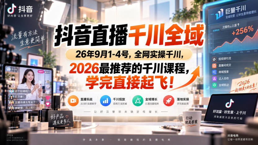 抖音直播千川全域26年9月1-4号，全网实操千川，2026最推荐的千川课程，学完直接起飞！-韬哥副业项目资源网