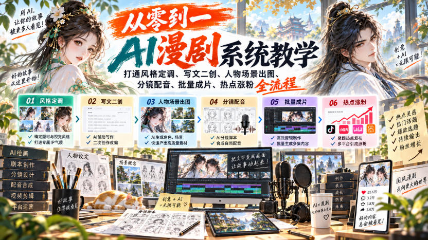 从零到一AI漫剧系统教学，打通风格定调、写文二创、人物场景出图、分镜配音、批量成片、热点涨粉全流程-韬哥副业项目资源网