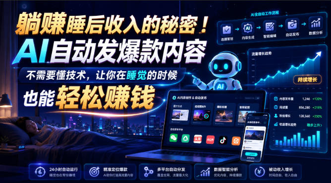 躺賺睡后收入的秘密！AI自动发爆款内容，不需要懂技术，让你在睡觉的时候也能轻松賺钱【原创双语字幕】-韬哥副业项目资源网