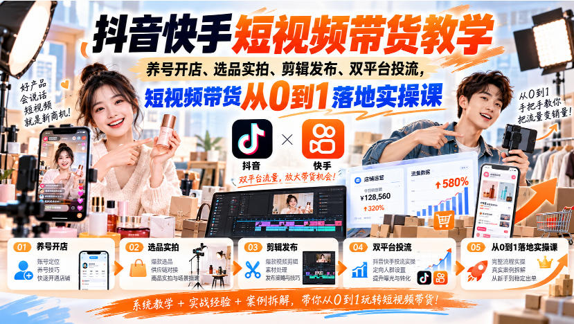 抖音快手短视频带货教学|养号开店、选品实拍、剪辑发布、双平台投流,短视频带货从0到1落地实操课-韬哥副业项目资源网