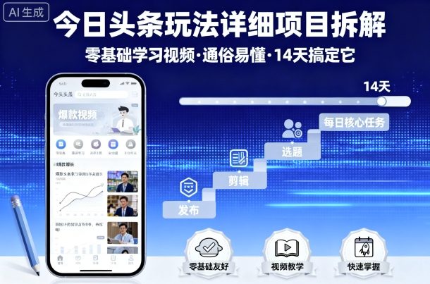 今日头条玩法详细项目拆解，零基础学习视频 通俗易懂 14天搞定它-韬哥副业项目资源网