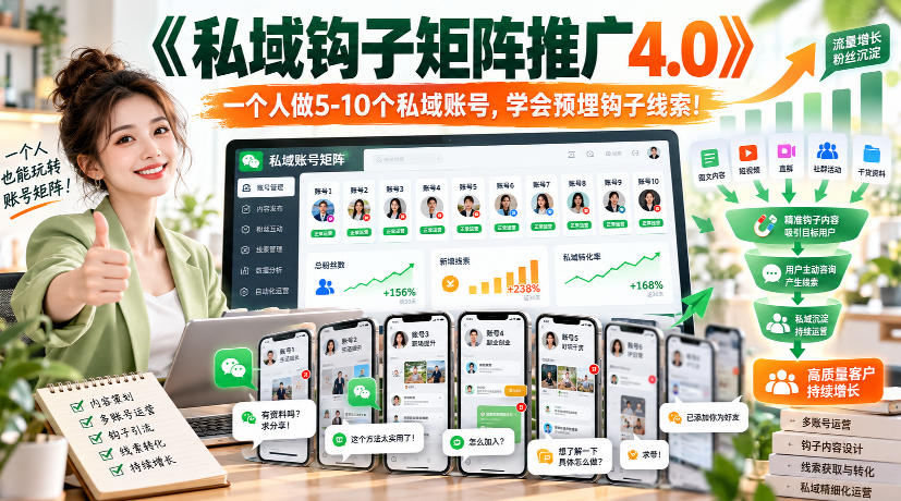 【无水印】《私域钩子矩阵推广4.0》一个人做5-10个私域账号，学会预埋钩子线索！-韬哥副业项目资源网