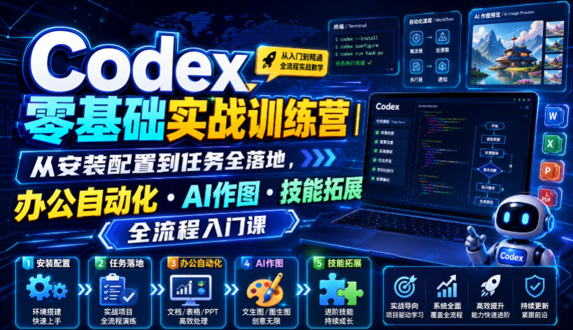 Codex零基础实战训练营｜从安装配置到任务全落地，办公自动化・AI作图・技能拓展全流程入门课-韬哥副业项目资源网