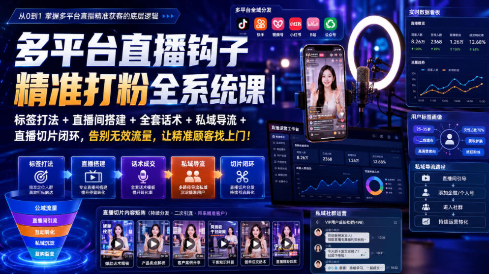 多平台直播钩子精准打粉全系统课｜标签打法+直播间搭建+全套话术+私域导流+直播切片闭环，告别无效流量，让精准顾客找上门！-韬哥副业项目资源网