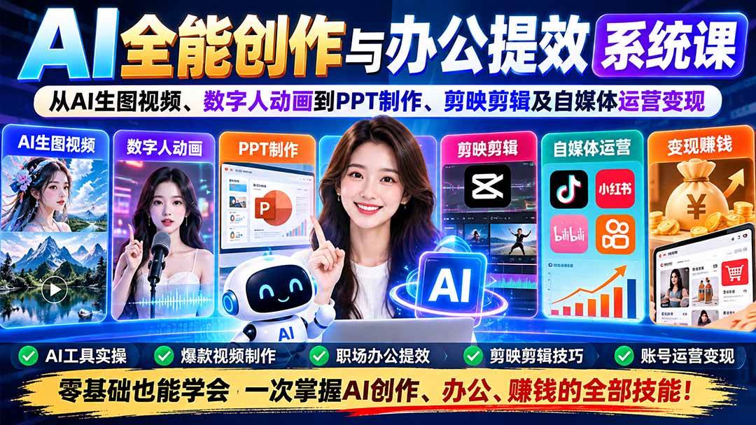 （20885期）AI全能创作与办公提效系统课：从AI生图视频、数字人动画到PPT制作、剪映剪辑及自媒体运营变现-韬哥副业项目资源网